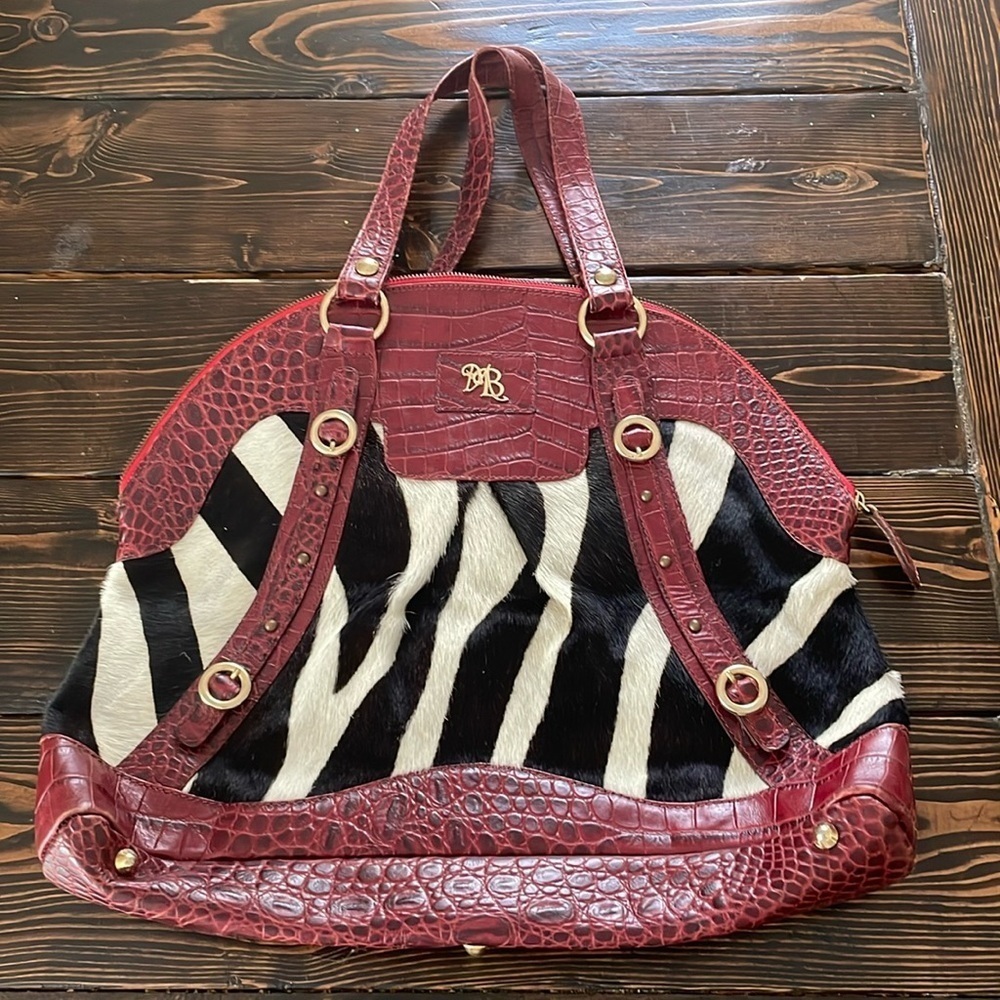 Marco Buggiani Italian Red Croc Leather Calf Hair Large Bag with Gold Feet